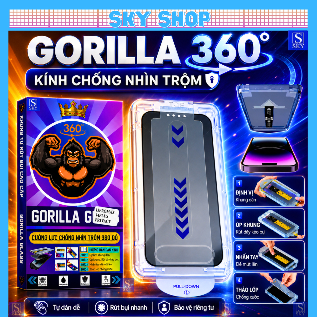 Kính Cường Lực GORILA Glass Chống Nhìn Trộm 360 Độ Có Khung Tự Dán Rút Bụi Cho iPhone 11-17 Pro Max X XR XS Max