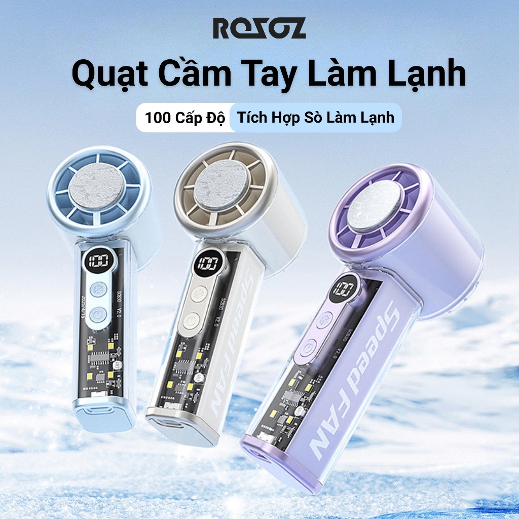 Quạt Cầm Tay Làm Lạnh Siêu Nhanh 100 Cấp Gió, Có Đèn LED, Pin Trâu 4-6H, Màn Hình LED Cao Cấp