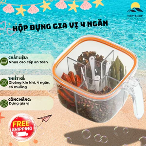 Hộp Đựng Gia Vị 4 Ngăn Có Muỗng, TIDY SHOP, Hộp Đựng Gia Vị Nhà Bếp Nắp Kín Chống Ẩm