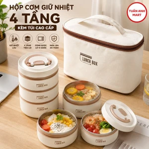 Hộp cơm giữ nhiệt văn phòng Lunch Box 4 tầng kèm túi cao cấp quay được lò vi sóng