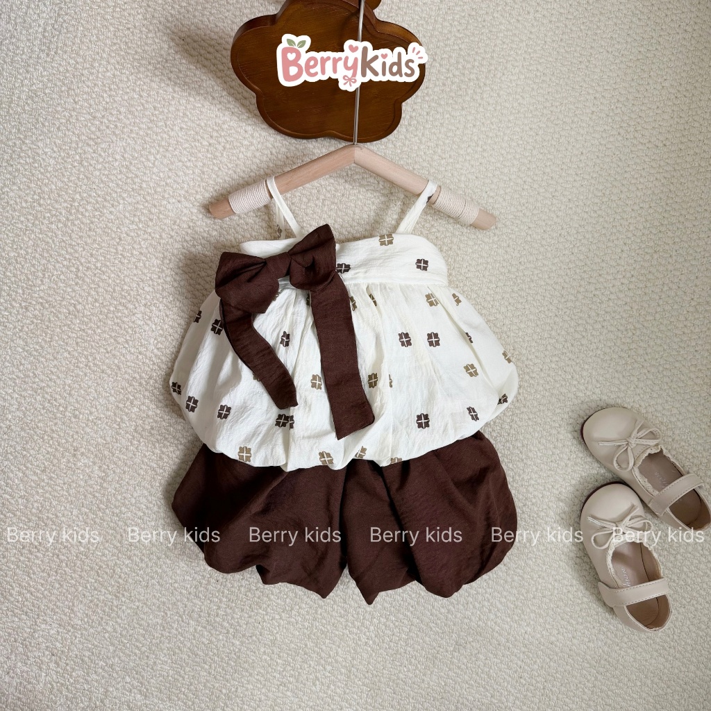 Set Váy 2 Dây Đính Nơ Bé Gái Bộ Váy Dáng Bí Kèm Nơ Nâu Tây Dễ Thương Chất Mềm Mịn Thấm Hút Mồ Hôi BR12
