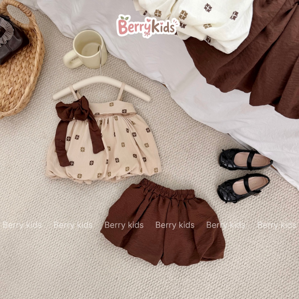 Set Váy 2 Dây Đính Nơ Bé Gái Bộ Váy Dáng Bí Kèm Nơ Nâu Tây Dễ Thương Chất Mềm Mịn Thấm Hút Mồ Hôi BR12