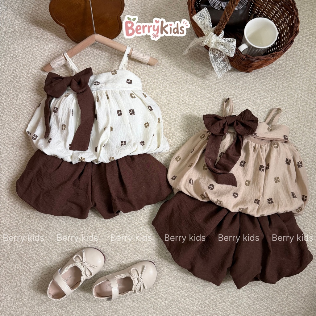 Set Váy 2 Dây Đính Nơ Bé Gái Bộ Váy Dáng Bí Kèm Nơ Nâu Tây Dễ Thương Chất Mềm Mịn Thấm Hút Mồ Hôi BR12