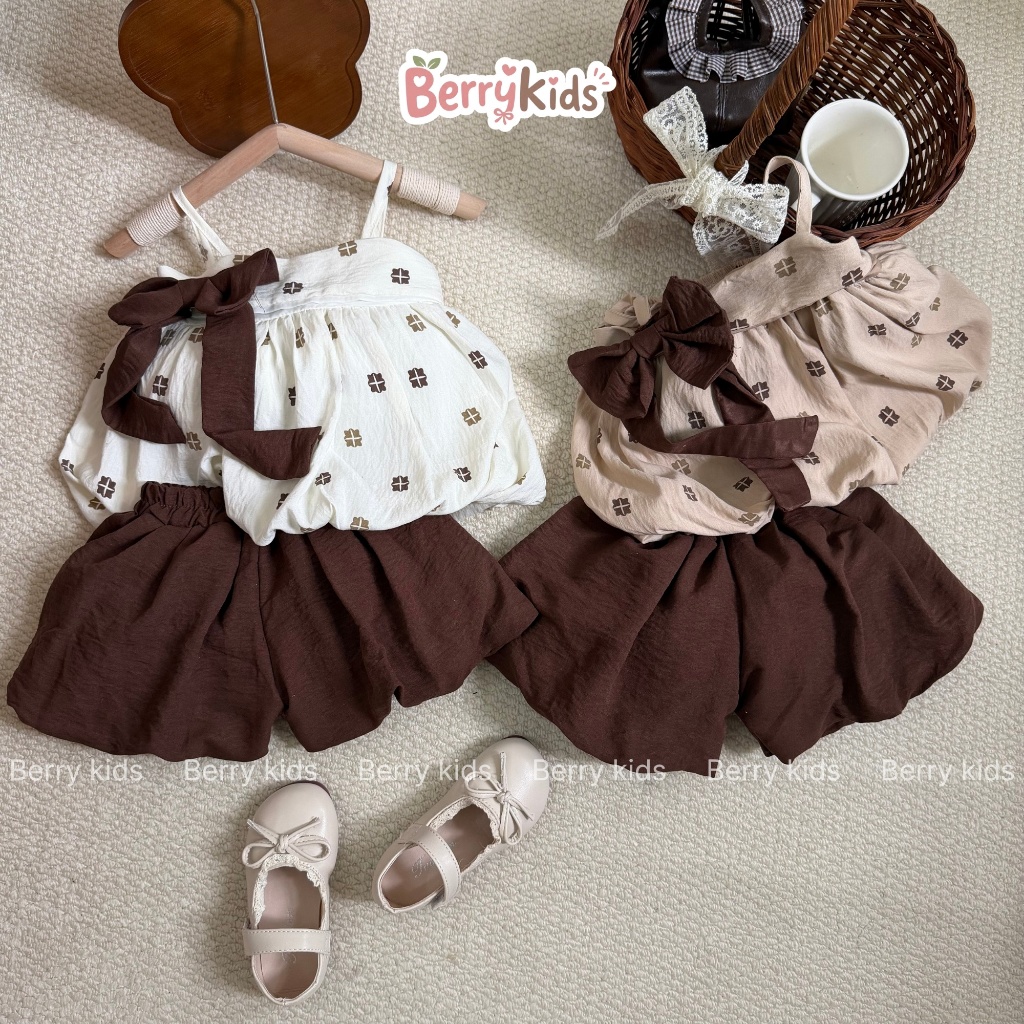 Set Váy 2 Dây Đính Nơ Bé Gái Bộ Váy Dáng Bí Kèm Nơ Nâu Tây Dễ Thương Chất Mềm Mịn Thấm Hút Mồ Hôi BR12