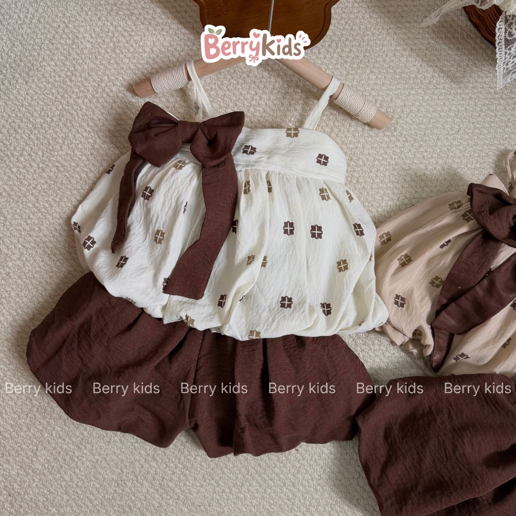 Set Váy 2 Dây Đính Nơ Bé Gái Bộ Váy Dáng Bí Kèm Nơ Nâu Tây Dễ Thương Chất Mềm Mịn Thấm Hút Mồ Hôi BR12