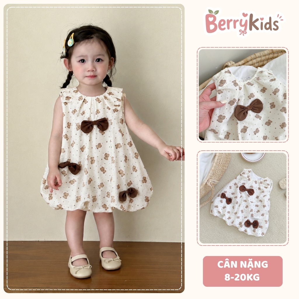 Váy Bí Sát Nách Chất Đũi Cho Bé Gái Đầm Bé Gái Họa Tiết Gấu Teddy Bear Đính Nơ Đáng Yêu BR17
