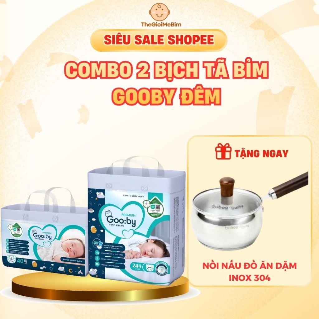 [ Tặng Nồi Nấu Đồ Ăn Dặm Inox 304 Tay Cầm Gỗ ] Combo 2 Bịch Tã/Bỉm Dán Quần Gooby Đêm Siêu Thấm Hút, Đủ Size Cho Bé