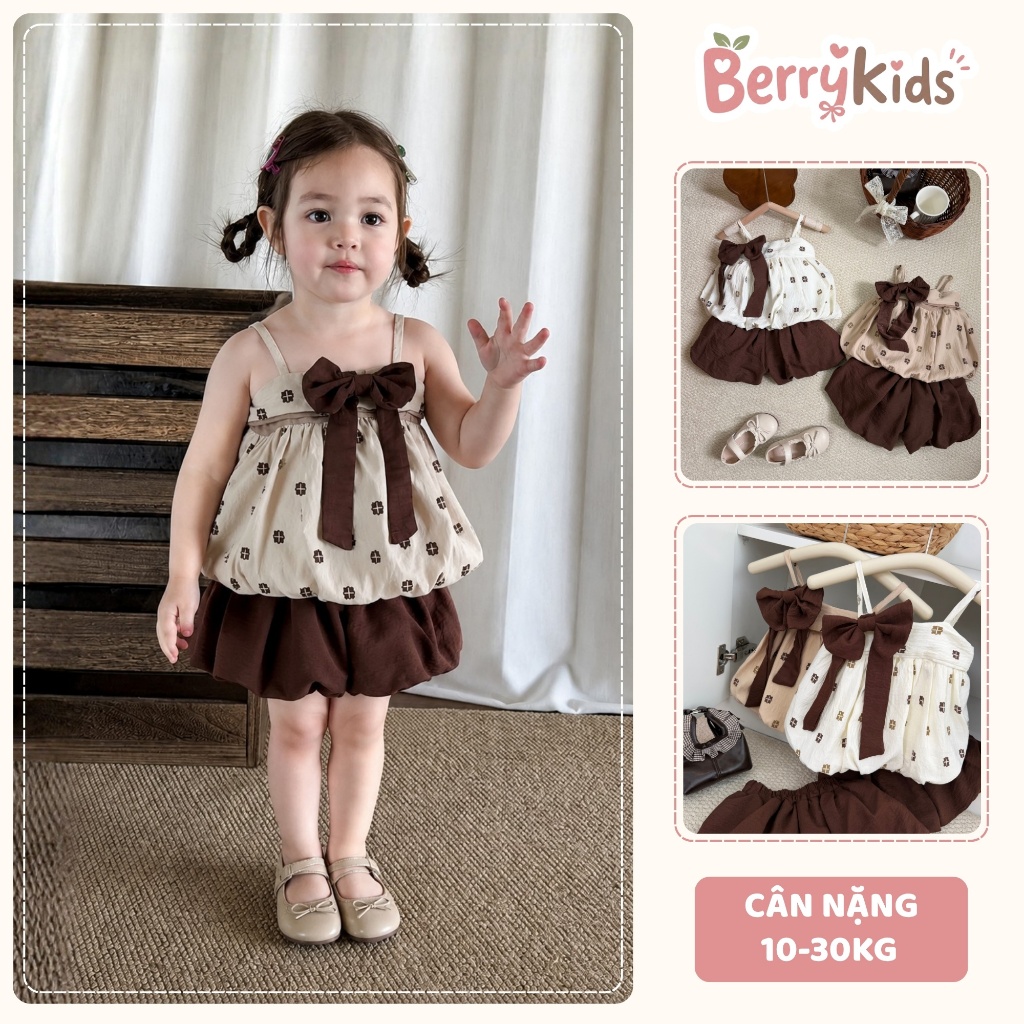 Set Váy 2 Dây Đính Nơ Bé Gái Bộ Váy Dáng Bí Kèm Nơ Nâu Tây Dễ Thương Chất Mềm Mịn Thấm Hút Mồ Hôi BR12