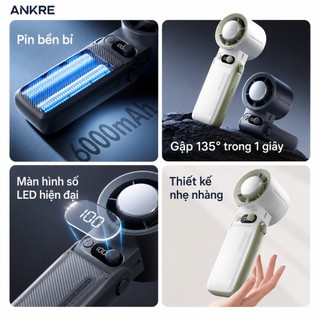 Quạt Cầm Tay Mini Sò Lạnh TEC ANKRE, 199 Cấp Độ Gió, Pin 6000mAh, Màn Hình LED, Gấp Gọn 135°, Sạc Type-C