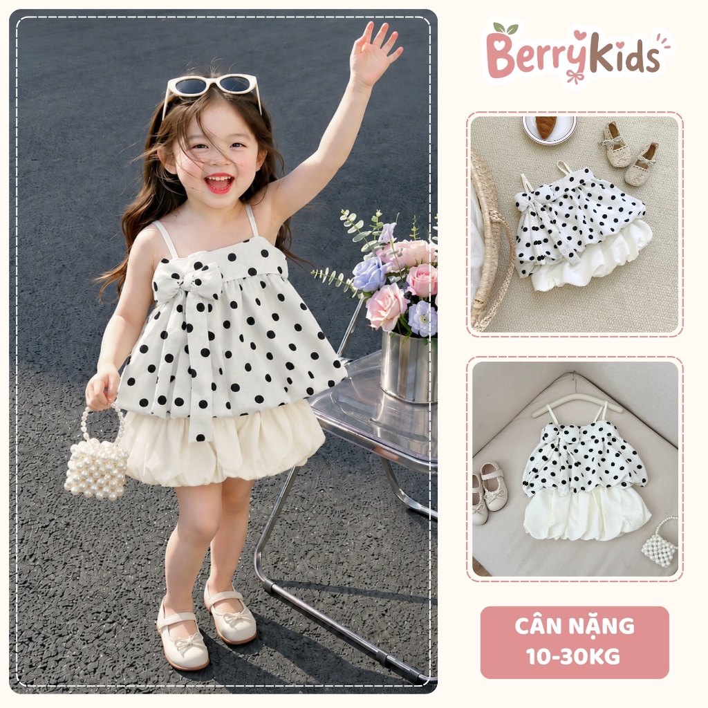 Set Áo 2 Dây Chấm Bi Phối Nơ Chân Váy Bí Sang Chảnh Cho Bé Gái 8-20KG BR22