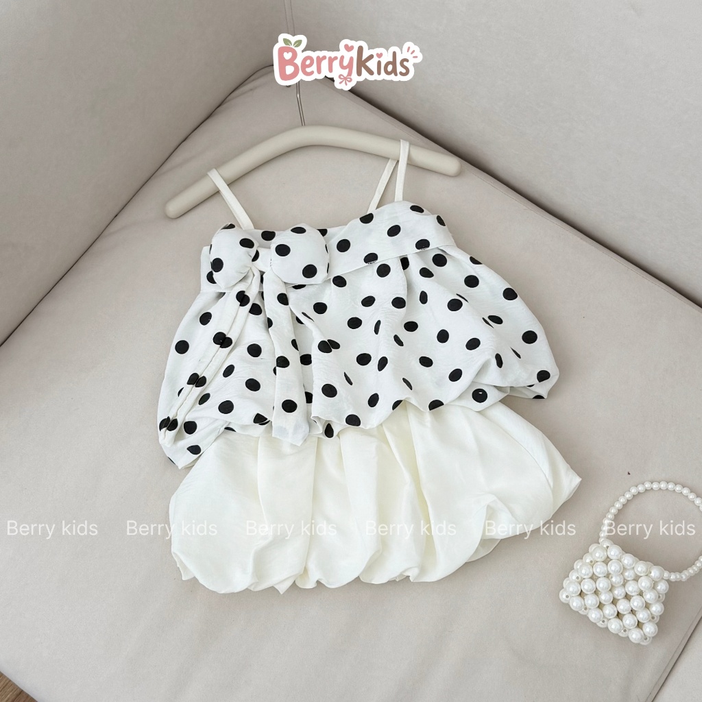Set Áo 2 Dây Chấm Bi Phối Nơ Chân Váy Bí Sang Chảnh Cho Bé Gái 8-20KG BR22