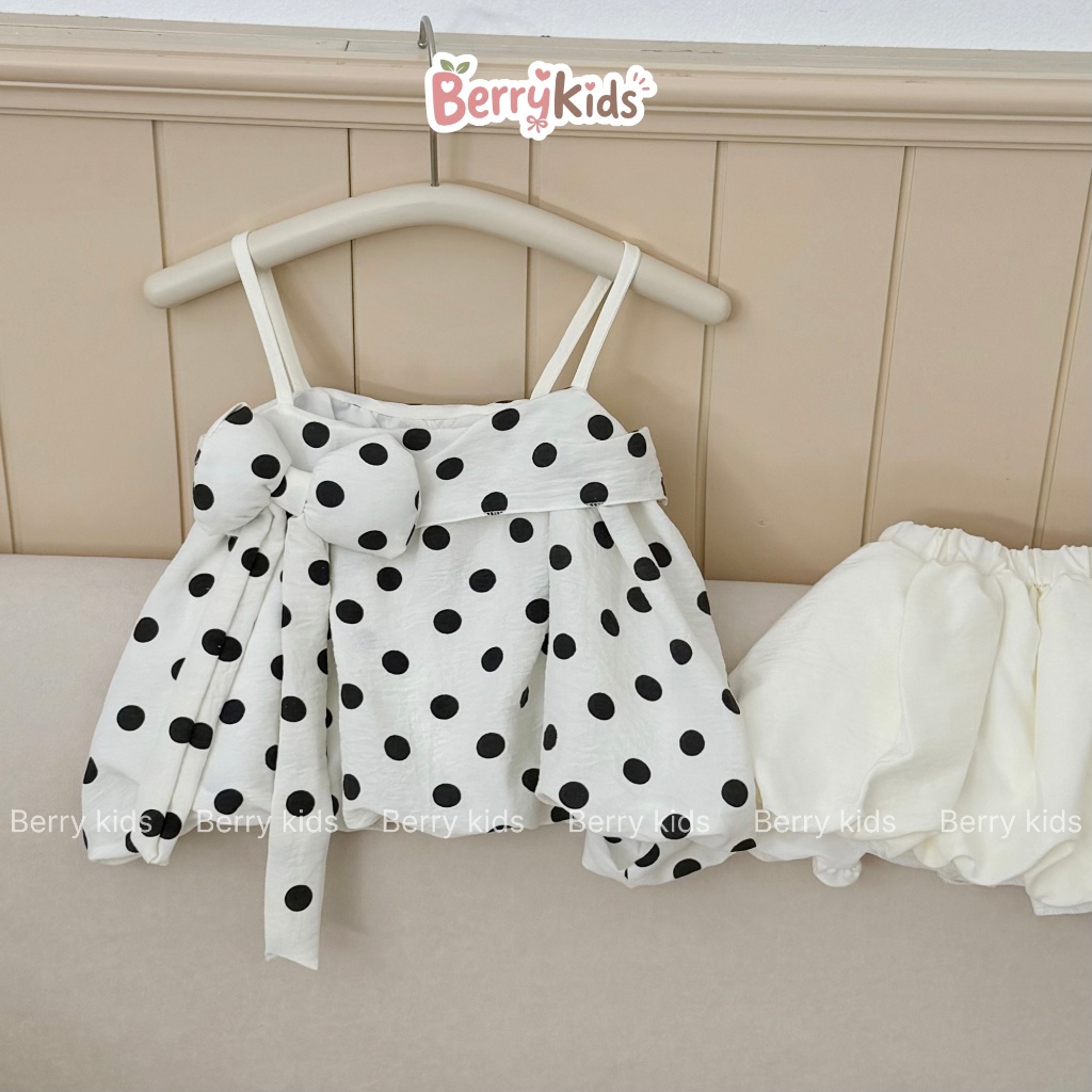 Set Áo 2 Dây Chấm Bi Phối Nơ Chân Váy Bí Sang Chảnh Cho Bé Gái 8-20KG BR22