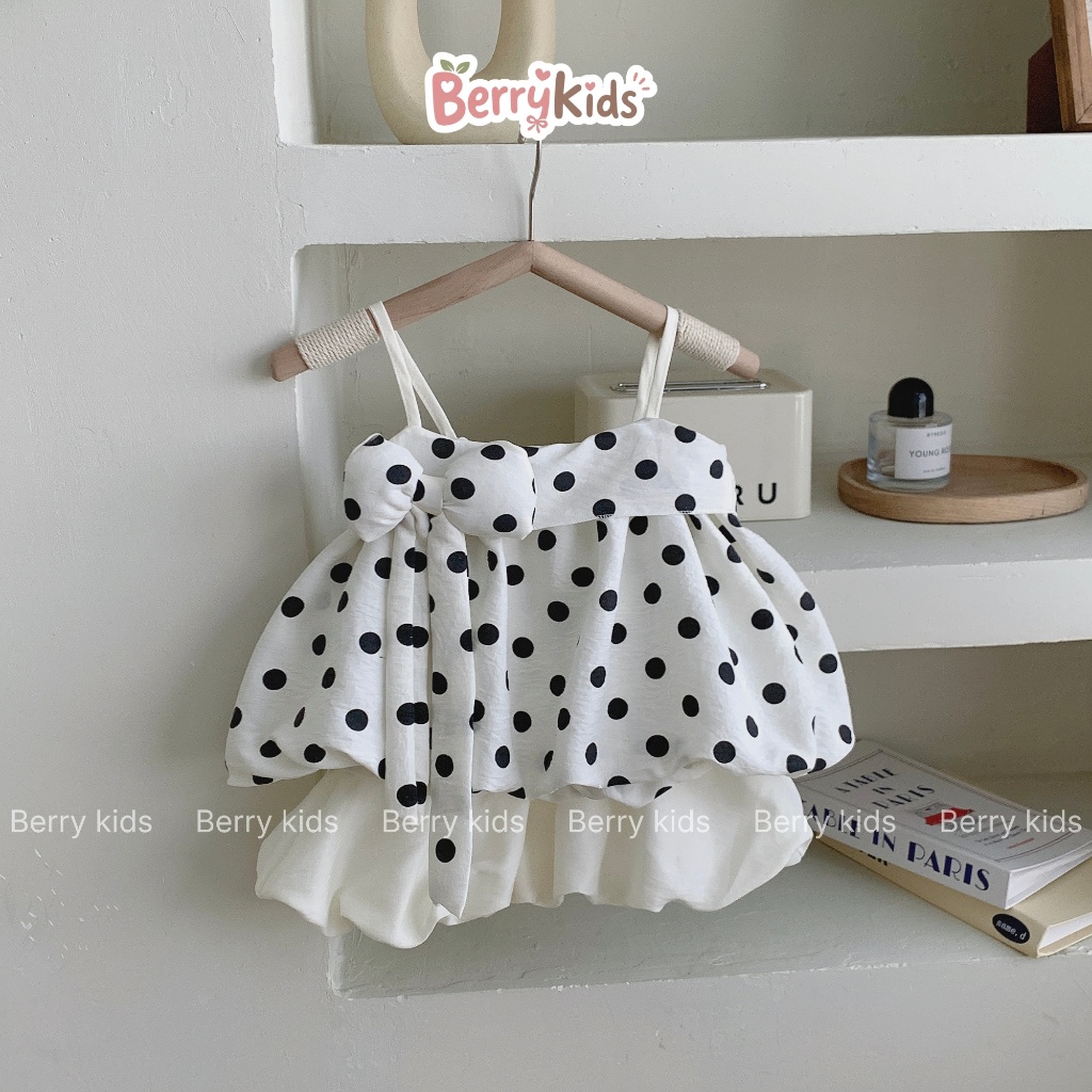 Set Áo 2 Dây Chấm Bi Phối Nơ Chân Váy Bí Sang Chảnh Cho Bé Gái 8-20KG BR22
