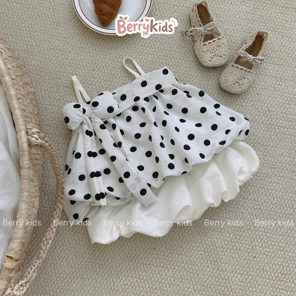 Set Áo 2 Dây Chấm Bi Phối Nơ Chân Váy Bí Sang Chảnh Cho Bé Gái 8-20KG BR22
