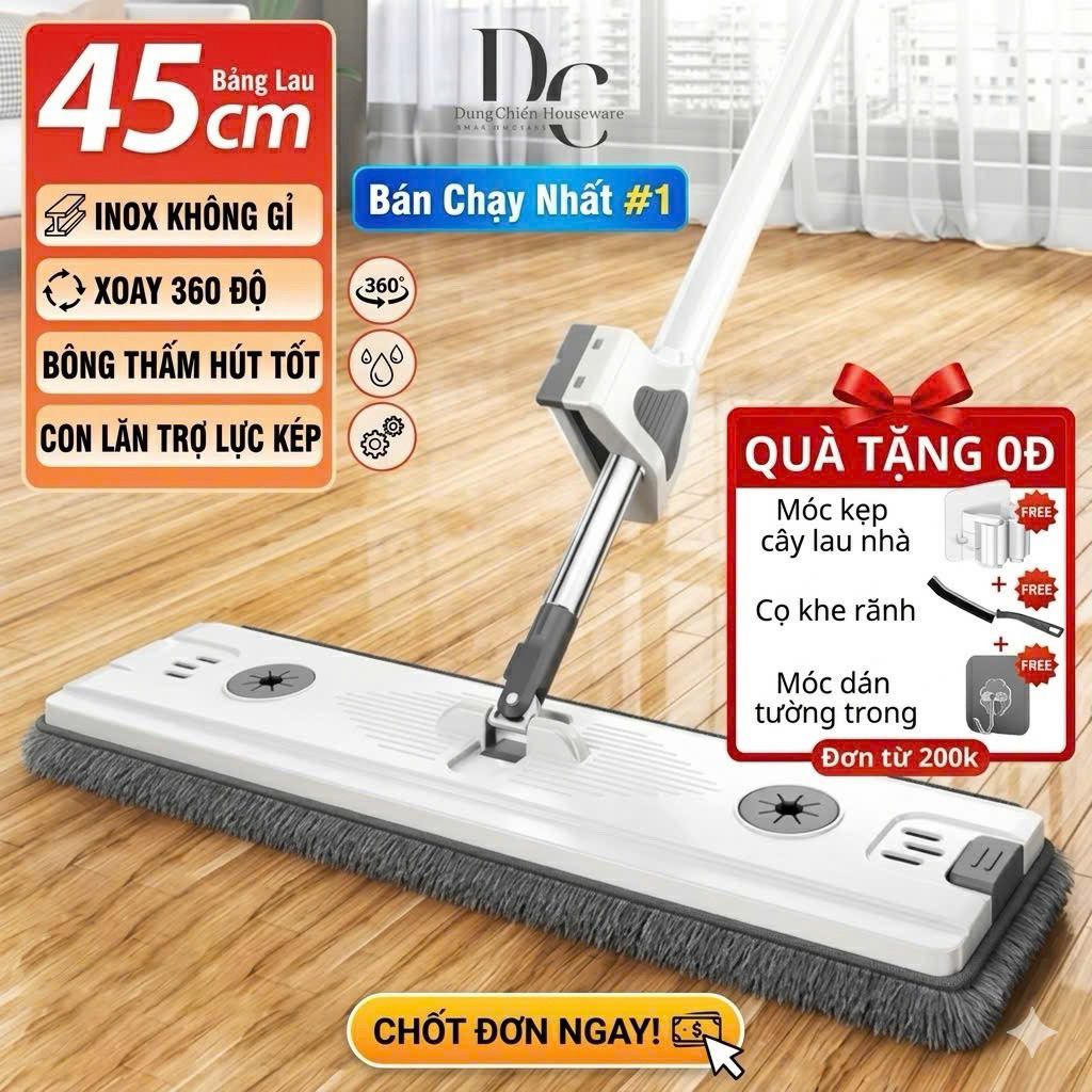 Cây Lau Nhà Tự Vắt 45x12cm Thông Minh Xoay 360 Độ, Bộ Cây Lau Nhà Có Bàn Lau 45cm Đa Năng