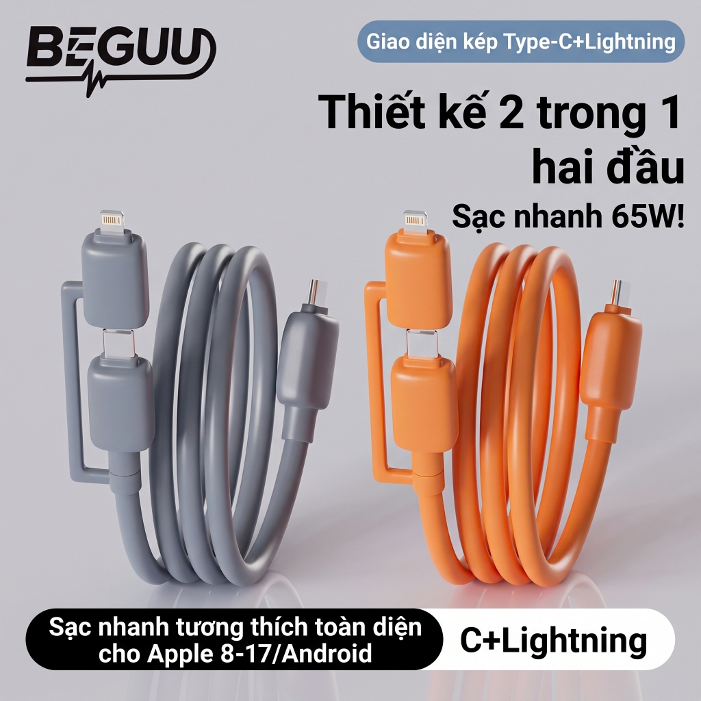 Dây Sạc Nhanh 65W BEGUU Cáp Sạc 2 Trong 1 Type C Lightning Cho iPhone iPad Samsung Xiaomi