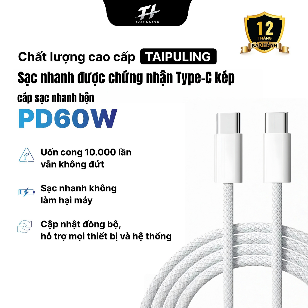 Dây sạc nhanh 60W Bọc Dù Chất liệu Đồng  Tốc Độ Cao Cho Iphone 15 16 17 & Android Type C-C