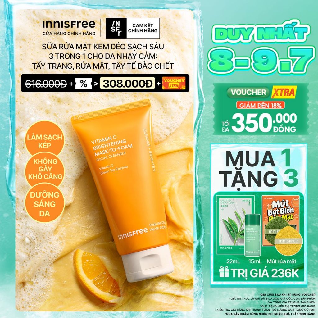 Sữa rửa mặt kem dẻo sạch sâu sáng da dịu nhẹ INNISFREE Vitamin C Brightening Mask-To-Foam Facial Cleanser 120g