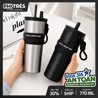 [Inox 316 Phủ Gốm] Ly Nước Giữ Nhiệt 24H 710ml Photres Cốc Giữ Nhiệt Có Ống Hút Để Xe Ô Tô Văn Phòng