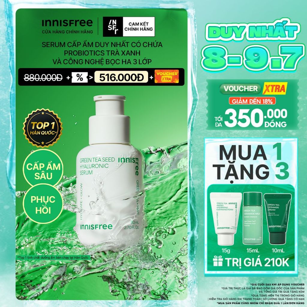 Serum trà xanh cấp ẩm sâu phục hồi da, với Probiotics INNISFREE Green Tea Seed Hyaluronic Serum 80mL