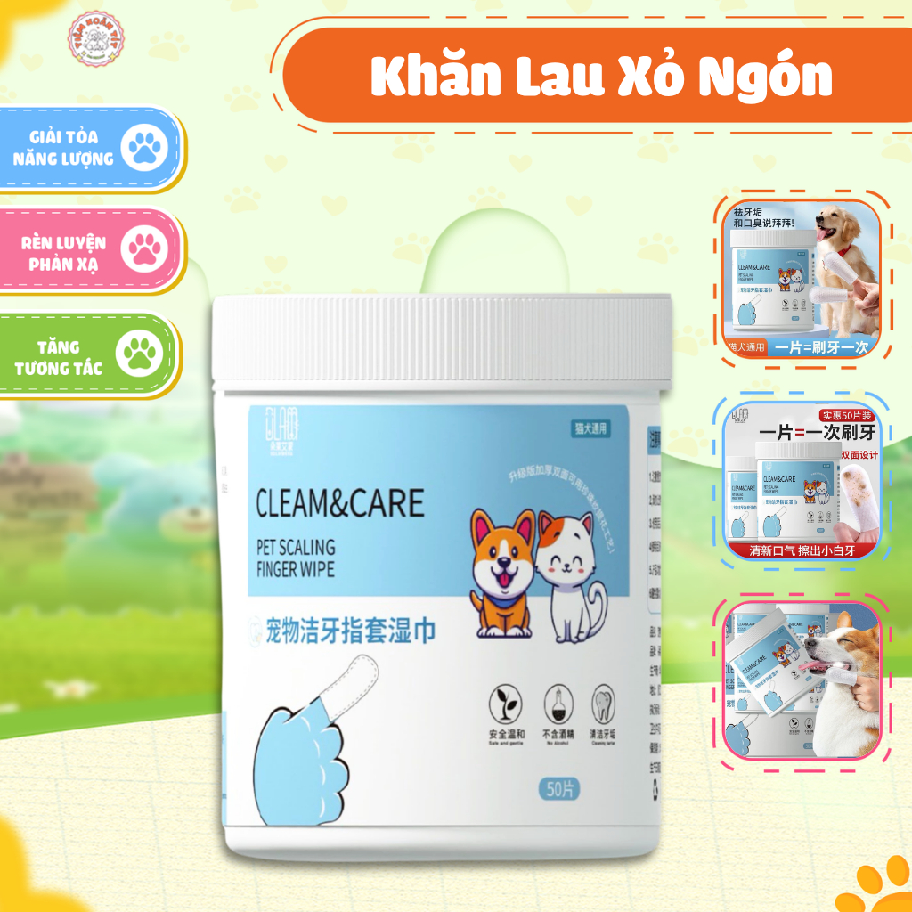Khăn Lau Xỏ Ngón Đa Năng Cho Chó Mèo - Lau Mặt, Mắt, Tai, Rơ Lưỡi Thú Cưng Làm Sạch, Khử Mùi (Hộp 50 Miếng)