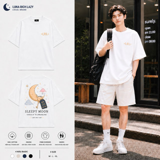 Áo Thun Oversize Nam Nữ Form Rộng Unisex Cotton 100% 250GSM Tay Lỡ Local Brand Luna Rich Lazy - Sleepy Moon