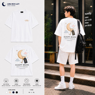 Áo Thun Oversize Nam Nữ Form Rộng Unisex Cotton 100% 250GSM Tay Lỡ Local Brand Luna Rich Lazy - Sleepy Moon