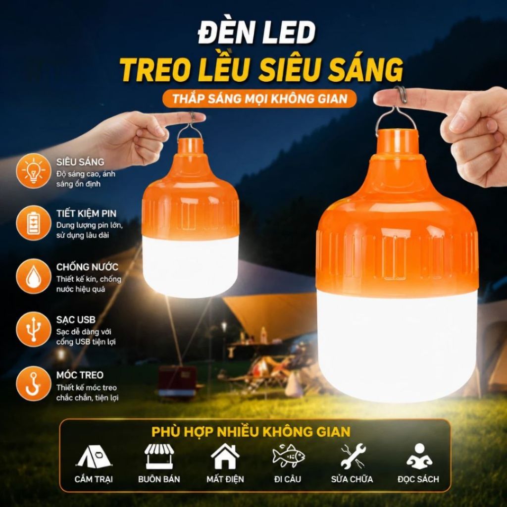 Bóng Đèn LED Tích Điện Công Suất 200W Chống Nước - Đèn LED Có Móc Treo Tiện Lợi (VINALUXURY)