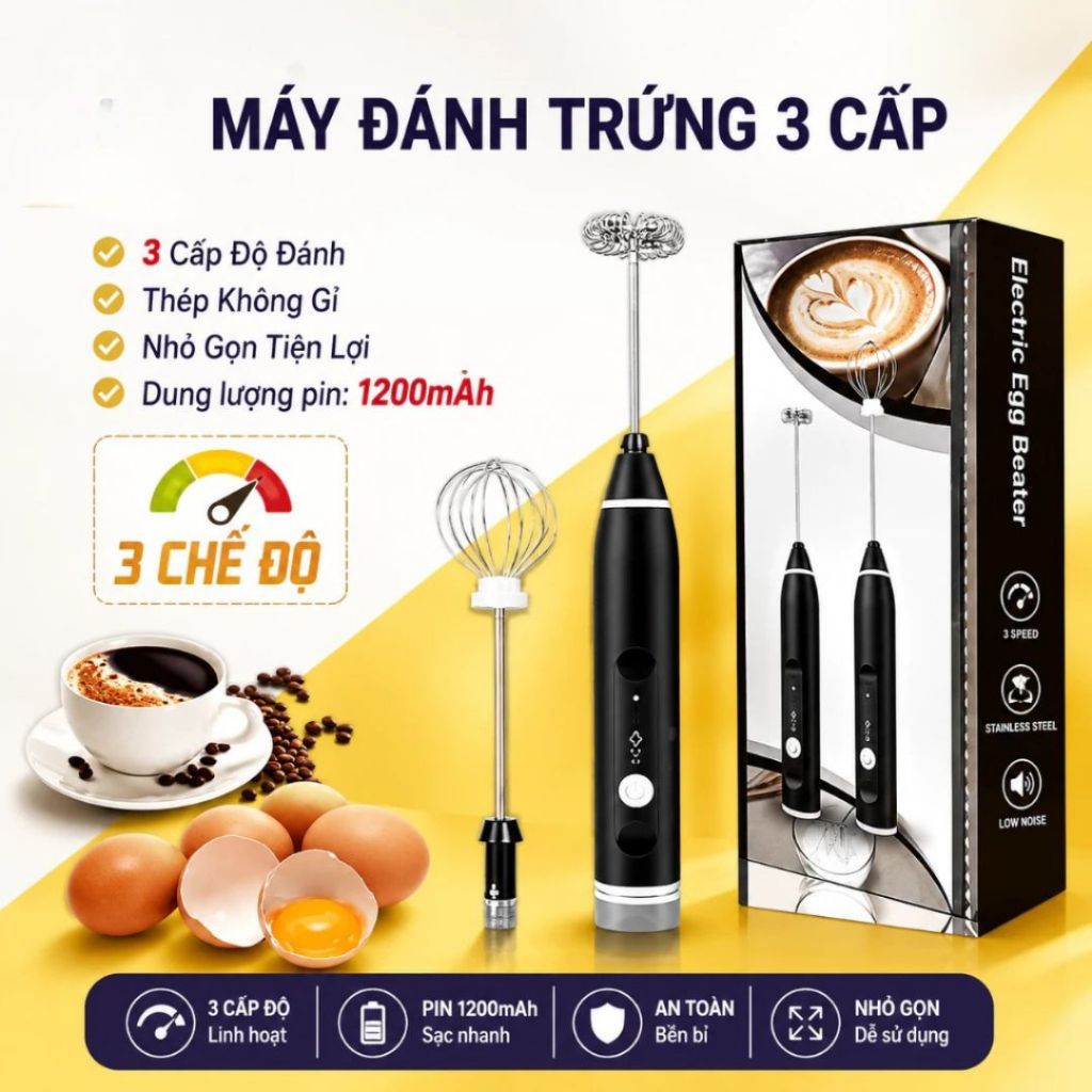 Máy Tạo Bọt Cafe, Máy Đánh Trứng Mini Cầm Tay Sạc Pin 3 Cấp Độ Tặng Kèm 2 Đầu Đánh Chuyên Dụng