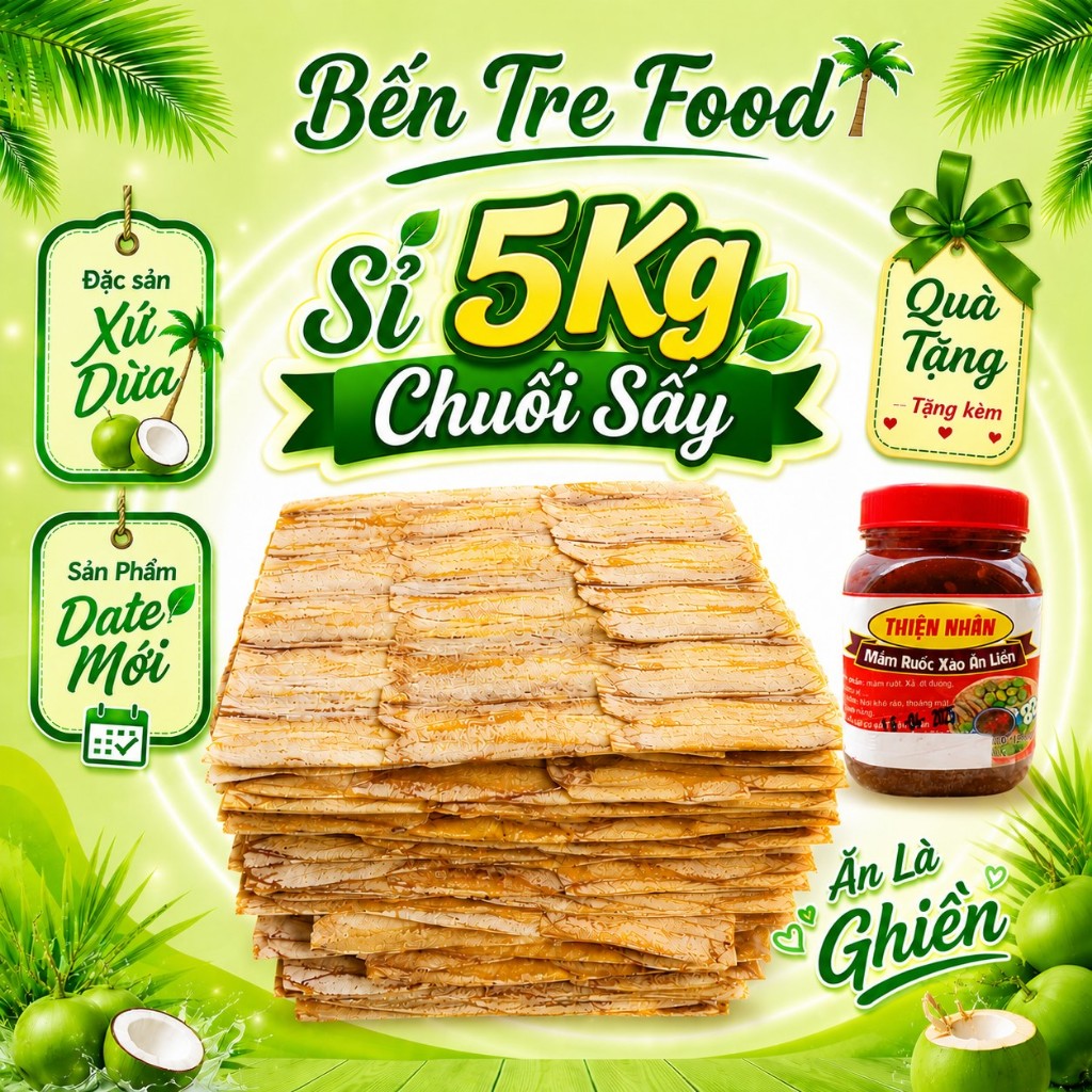 (Giá sỉ)5kg Bánh chuối sấy khô nguyên chất Bến Tre TẶNG HỦ MẮM RUỐC