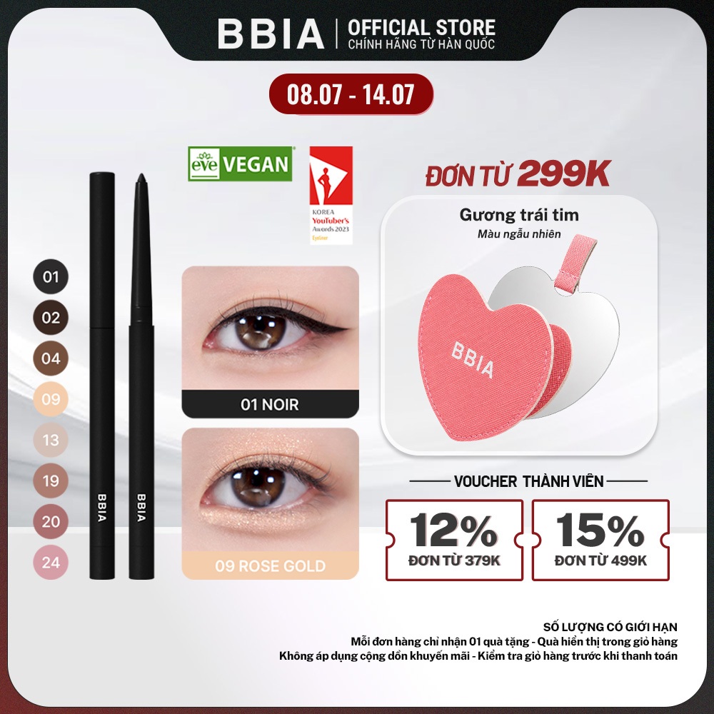 Kẻ mắt dạng gel thuần chay, chống nước tuyệt đỉnh BBIA Last Auto Gel Eyeliner 0.3g