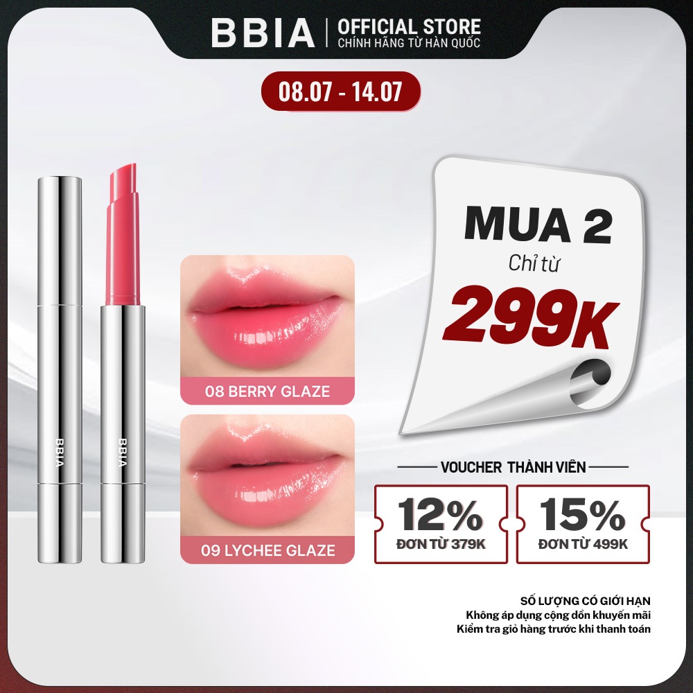 [MUA 2 GIÁ 299K] Son bút dưỡng bóng mỏng nhẹ, căng mọng BBIA Over Glaze Stick 1.7g