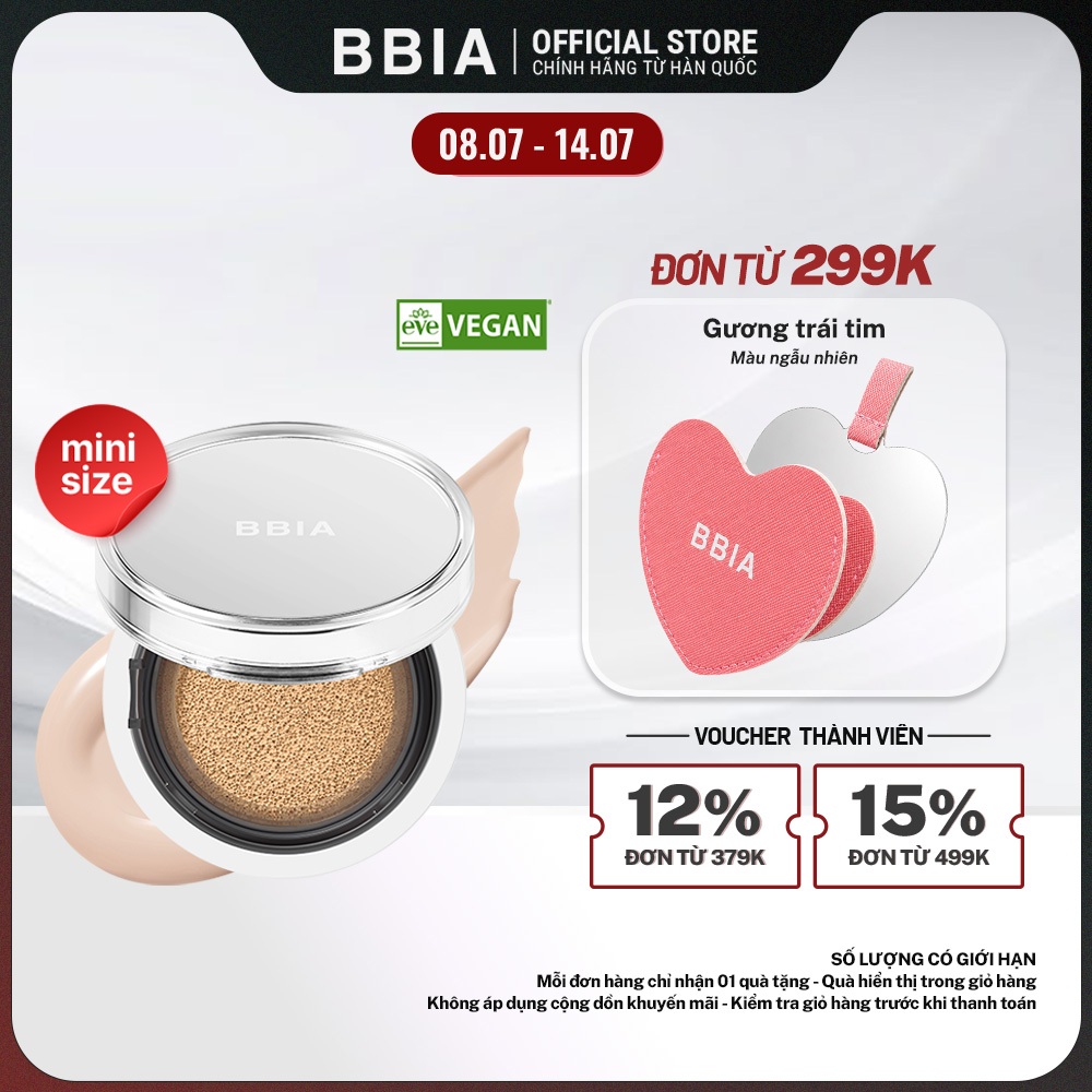 Cushion mini dưỡng ẩm căng bóng, bền màu BBIA Eau Glow Cushion Mini Eau Edition 4g