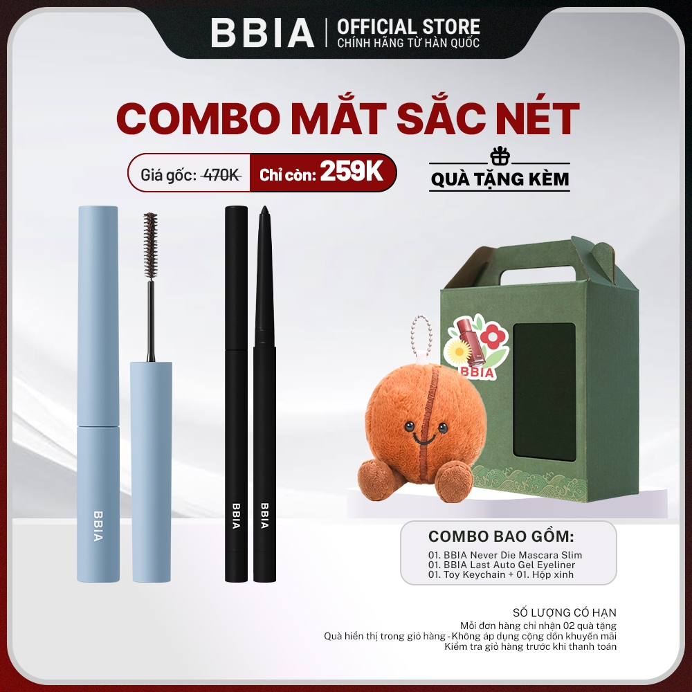 COMBO Mắt Sắc Nét: 01 Mascara tơi mi, không lem BBIA Never Die Slim + 1 Kẻ mắt chống nước BBIA Last Auto Gel Eyeliner