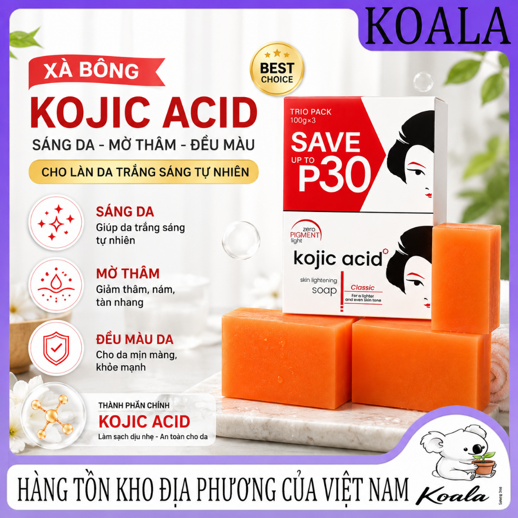 ✨Xà phòng axit Kojic - Xà phòng làm sáng và trắng da, làm mờ vết thâm nám và sẹo mụn, thích hợp sử dụng cho toàn thân.