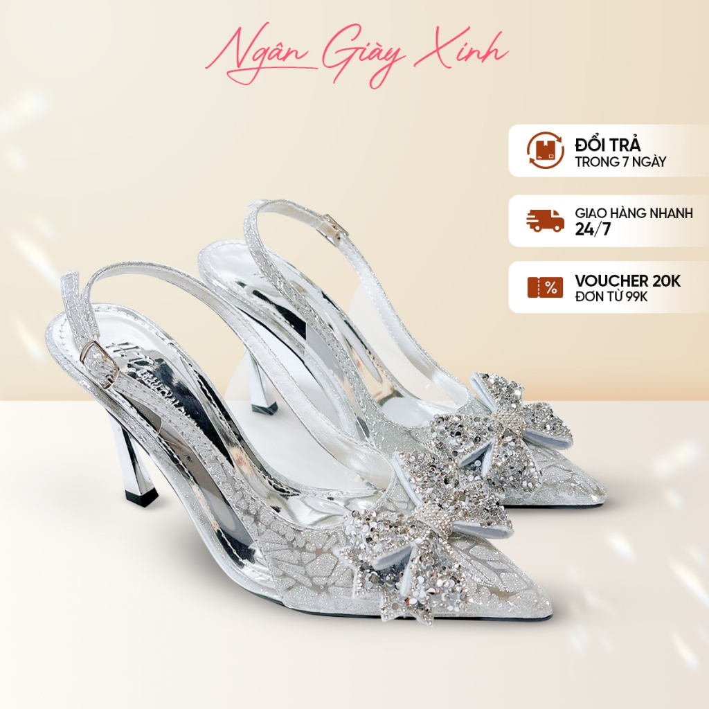 Giày Cao Gót Nữ Đi Tiệc Bling Bling Phối Mica Nơ Cánh Tiên 5-7cm Tôn Dáng Mềm Êm