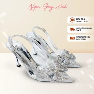 Giày Cao Gót Nữ Đi Tiệc Bling Bling Phối Mica Nơ Cánh Tiên 5-7cm Tôn Dáng Mềm Êm