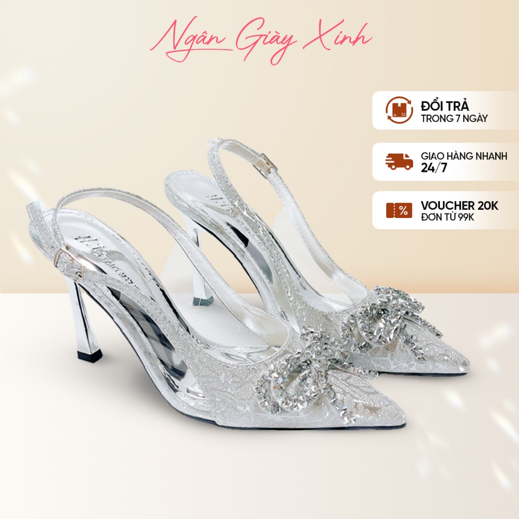 Giày Cao Gót Nữ Kim Tuyến Đính Nơ Kim Sa Lấp Lánh Sang Chảnh Đi Tiệc