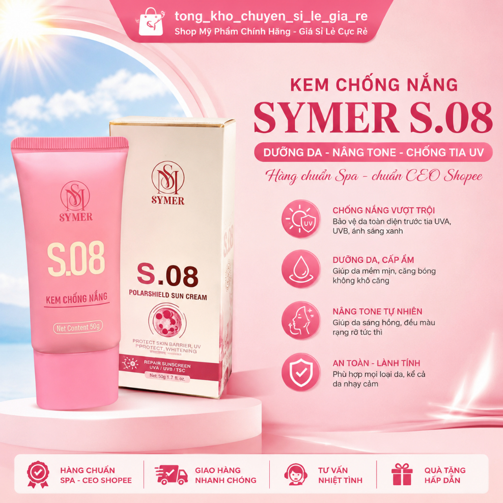 Kem chống nắng SYMER S.08 – Dưỡng da, nâng tone, chống tia UV – Hàng chuẩn Spa