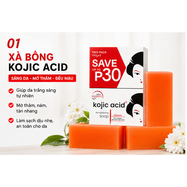 ✨Xà phòng axit Kojic - Xà phòng làm sáng và trắng da, làm mờ vết thâm nám và sẹo mụn, thích hợp sử dụng cho toàn thân.