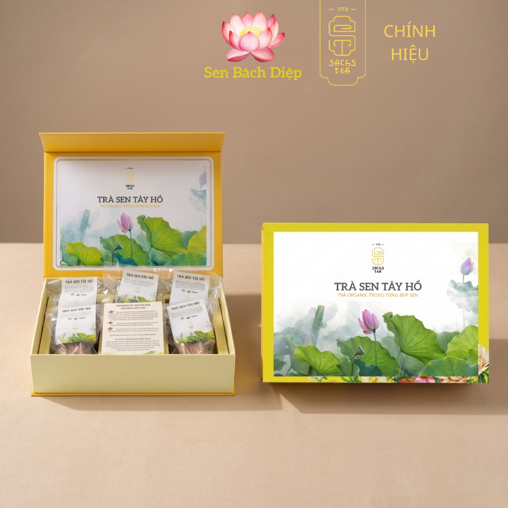Hộp 5 bông trà sen Tây Hồ sấy thăng hoa (Hộp gỗ kết hợp giấy lụa cao cấp)