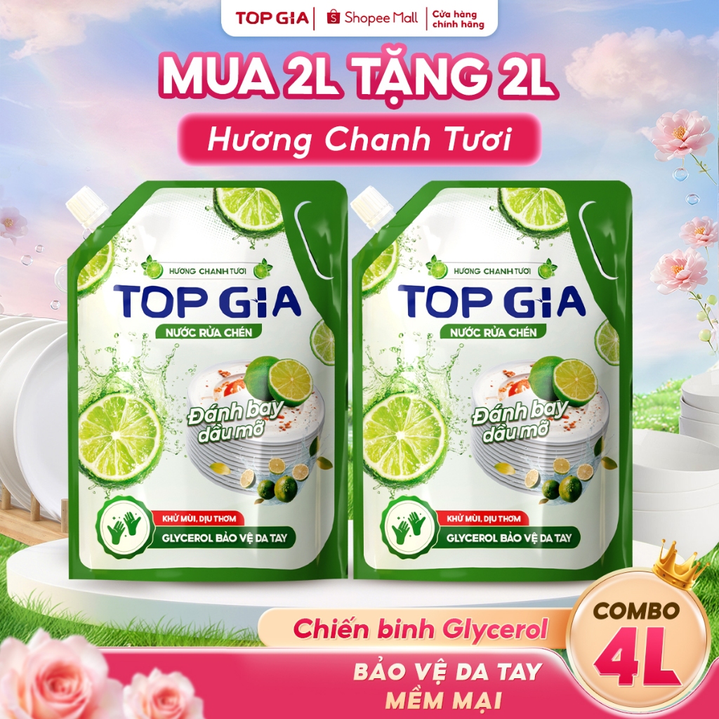 [Mua 2L tặng 2L] Combo 4L nước rửa chén bát TOPGIA an toàn bảo vệ da tay, tẩy sạch dầu mỡ