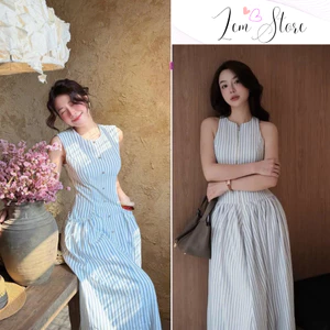 Váy Maxi Kẻ Xanh Sát Nách Khóa Đồng, Váy Kẻ Xanh Sát Nách Đính Khuy Túi Viền Chun Dáng Dài