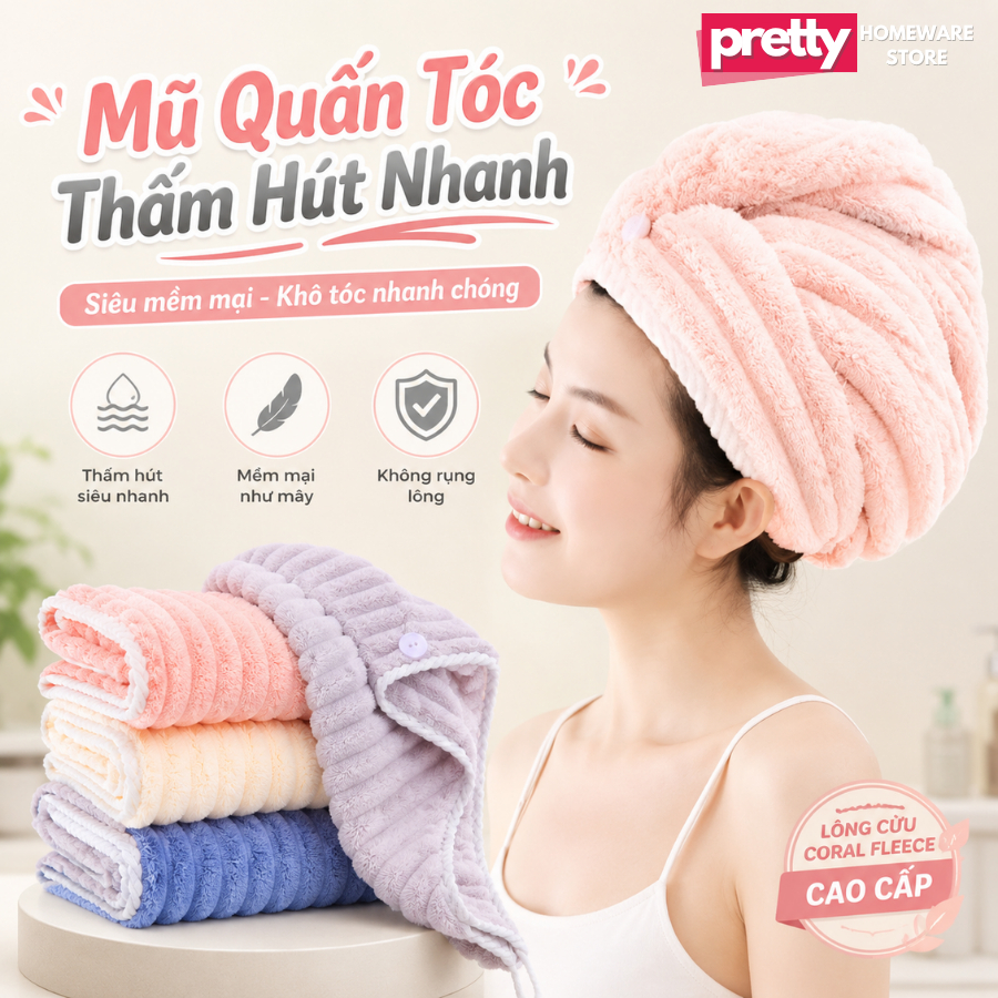 Mũ Ủ Tóc Siêu Thấm Hút Nhanh Khô, Khăn Lau Tóc Lọn Bông To Siêu Thấm