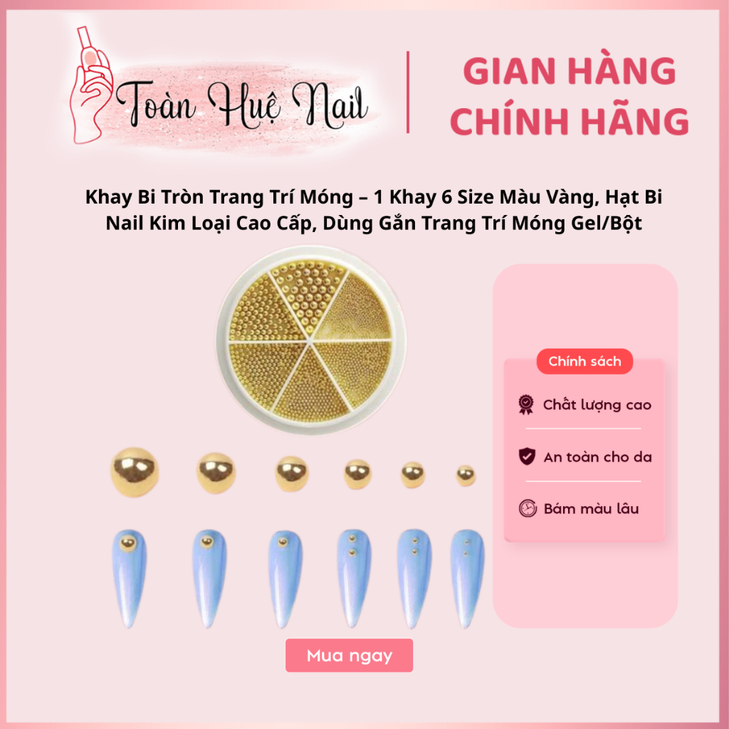 Khay Bi Tròn Trang Trí Móng – 1 Khay 6 Size Màu Vàng, Hạt Bi Nail Kim Loại Cao Cấp, Dùng Gắn Trang Trí Móng Gel/Bột