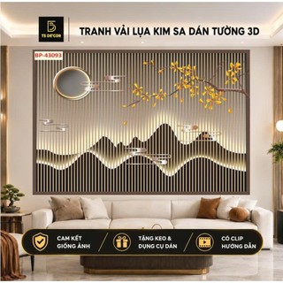Tranh dán tường 3D lam sóng hiện đại in vải lụa  (Tặng kèm keo)
