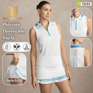 Đồ Tập Pickleball Nữ UYNSPORTY Cổ Polo Phối Màu Tương Phản, Chân Váy Xếp Ly, Bộ Đồ Pickleball Nữ