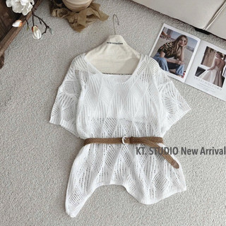 LT - Áo len lưới nữ lệch vai dài tay, kèm đai, chất len giấy mỏng mát mặc hè thu fom dài 1174