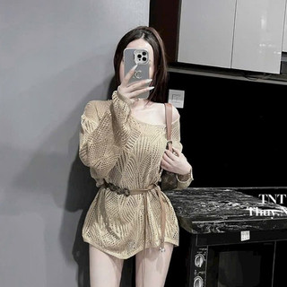 LT - Áo len lưới nữ lệch vai dài tay, kèm đai, chất len giấy mỏng mát mặc hè thu fom dài 1174