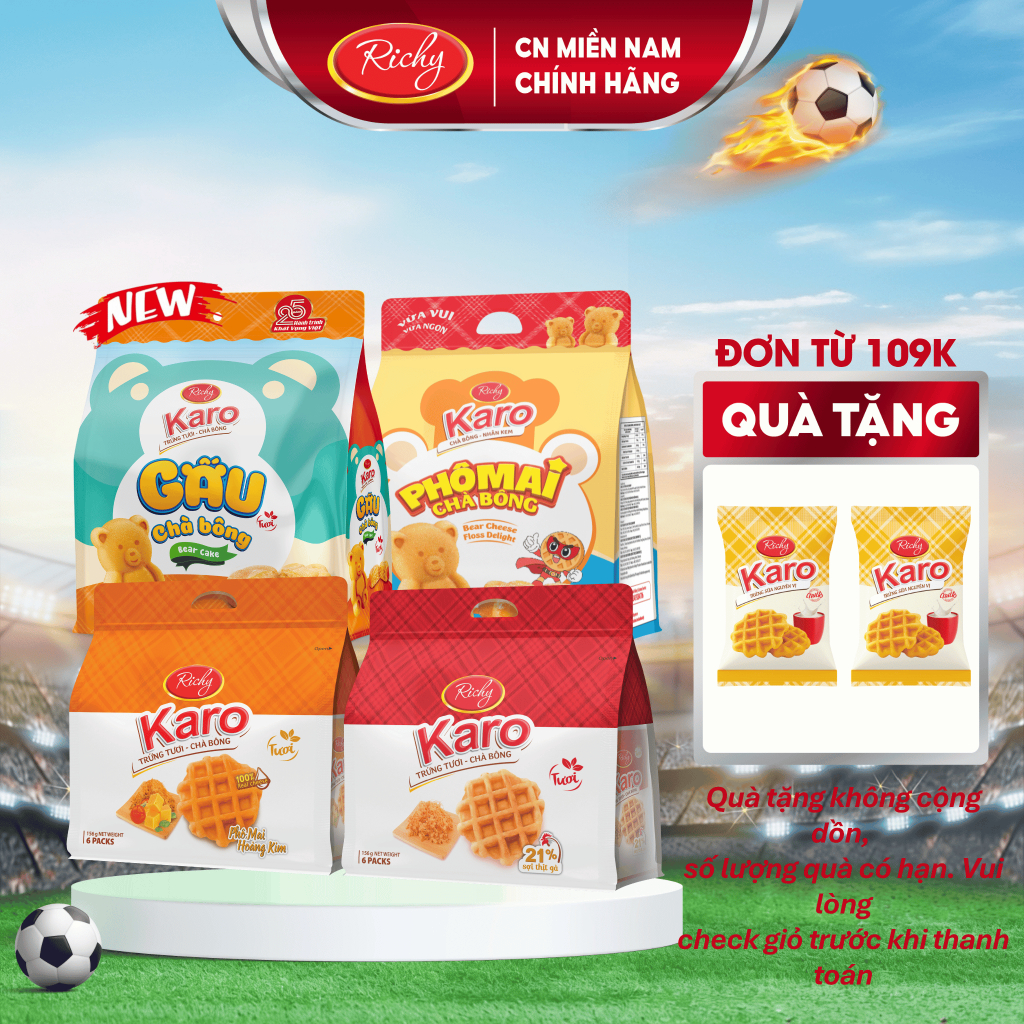 [TẶNG QUÀ ĐƠN TỪ 109K]  Combo 4 bịch bánh Karo Richy trứng tươi chà bông sợi gà, phô mai hoàng kim, HSD 45 ngày